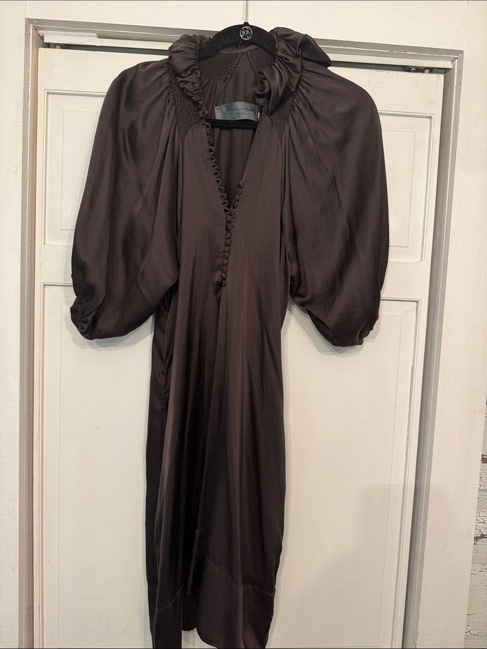 Puff-Sleeve Midi Dress in Chocolate Brown